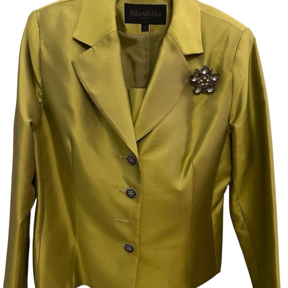 Elegant Moshita Luxe Two-Piece Set – Chartreuse Satin Blazer & Skirt 14 - Picture 2 of 3